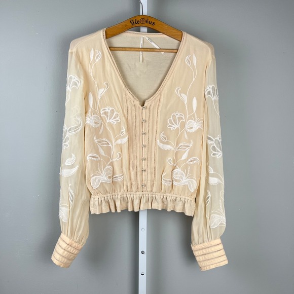 By Anthropologie Embroidered Blouse Top Womens Small Beige‎ Peach Floral Boho - Picture 1 of 6